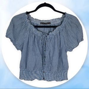 Zara - TRF Collection Blue Gingham Checkered Lettuce Hem Crop Top Shirt